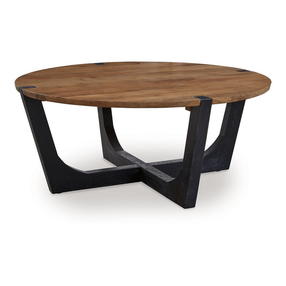 Benjara Leyi Round Coffee Table, Angled Legs, 44 Inch Brown Mango Wood