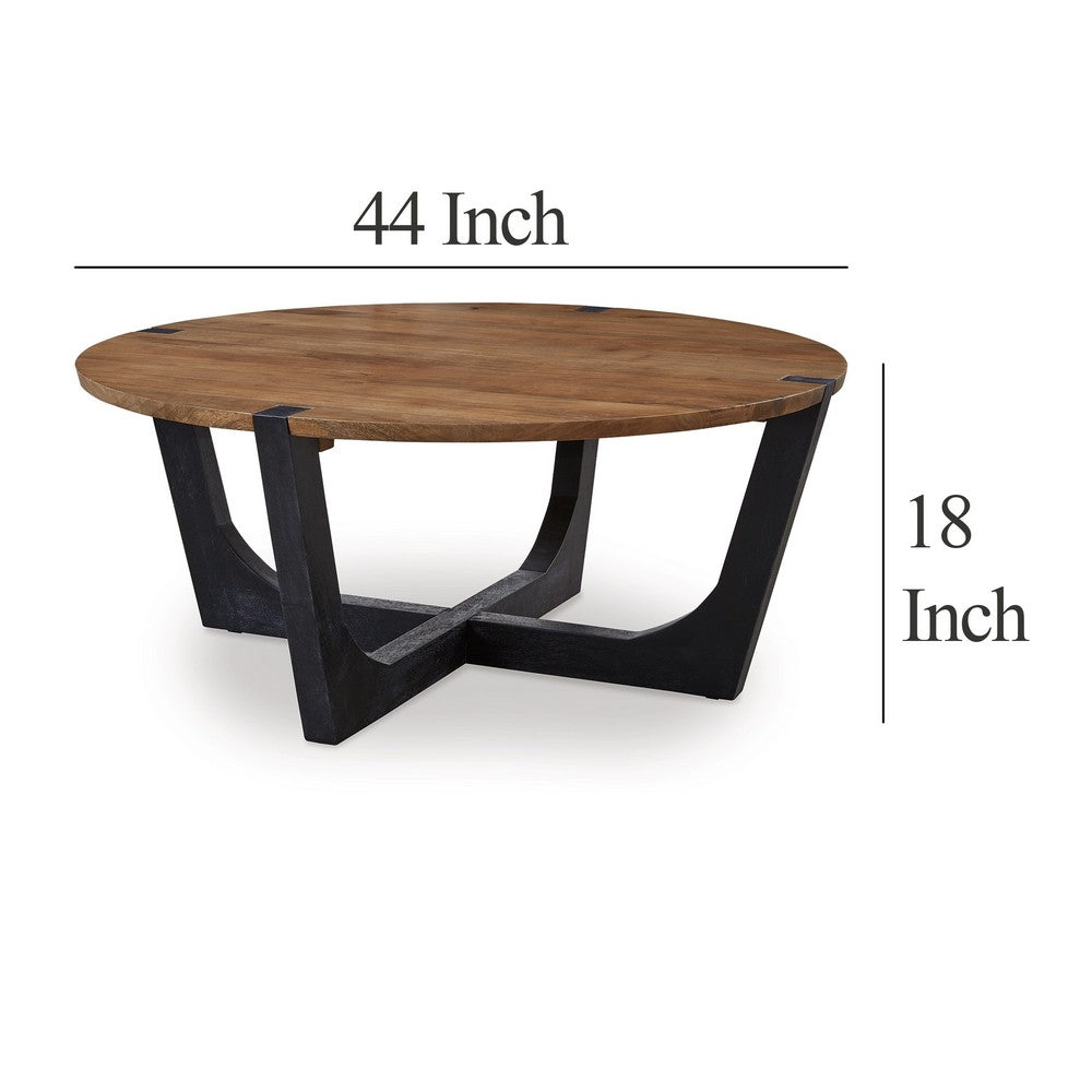 Benjara Leyi Round Coffee Table, Angled Legs, 44 Inch Brown Mango Wood