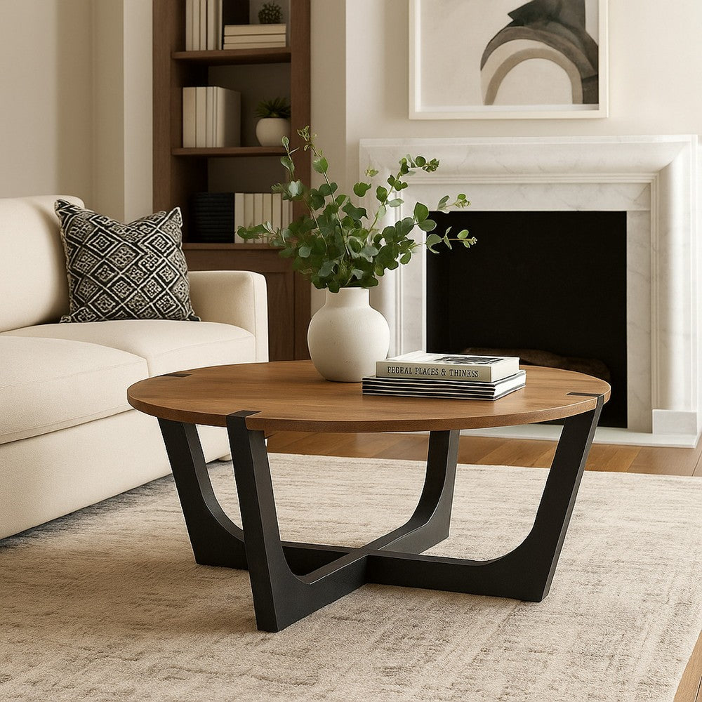 Benjara Leyi Round Coffee Table, Angled Legs, 44 Inch Brown Mango Wood