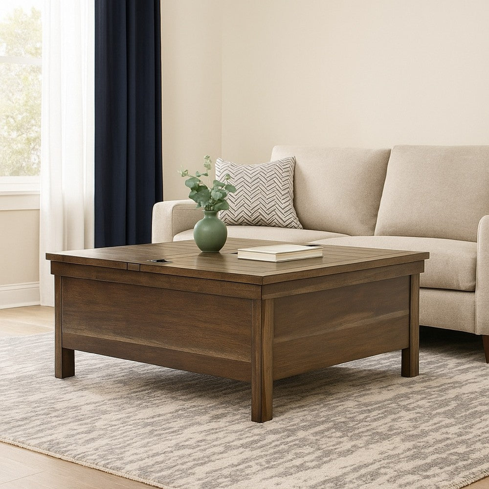 Benjara Chip Lift Top Coffee Table, Hidden Storage, 36 Inch Brown Acacia Wood