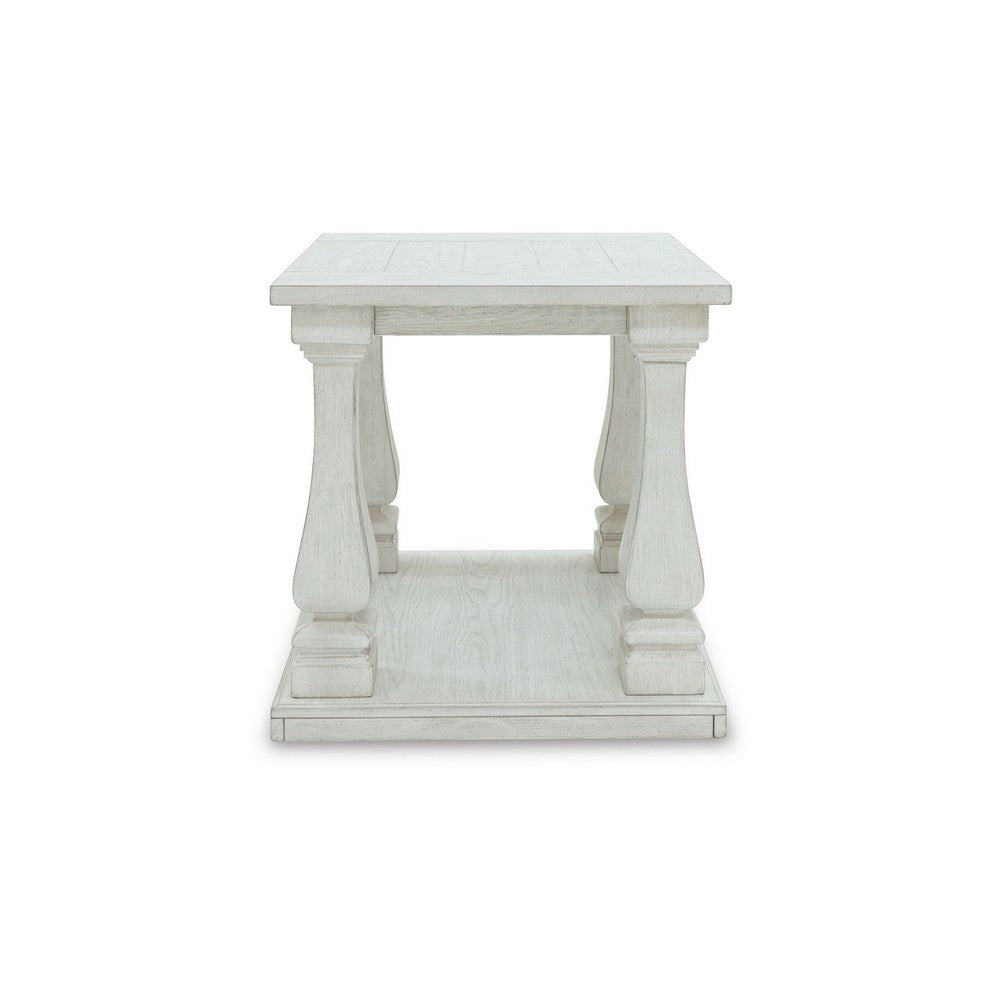 Benjara Dyne Side End Table, Plank Top, Baluster Legs, 27 Inch White Hardwood