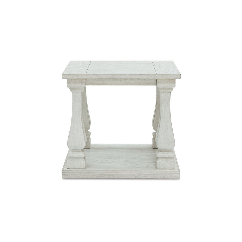 Benjara Dyne Side End Table, Plank Top, Baluster Legs, 27 Inch White Hardwood