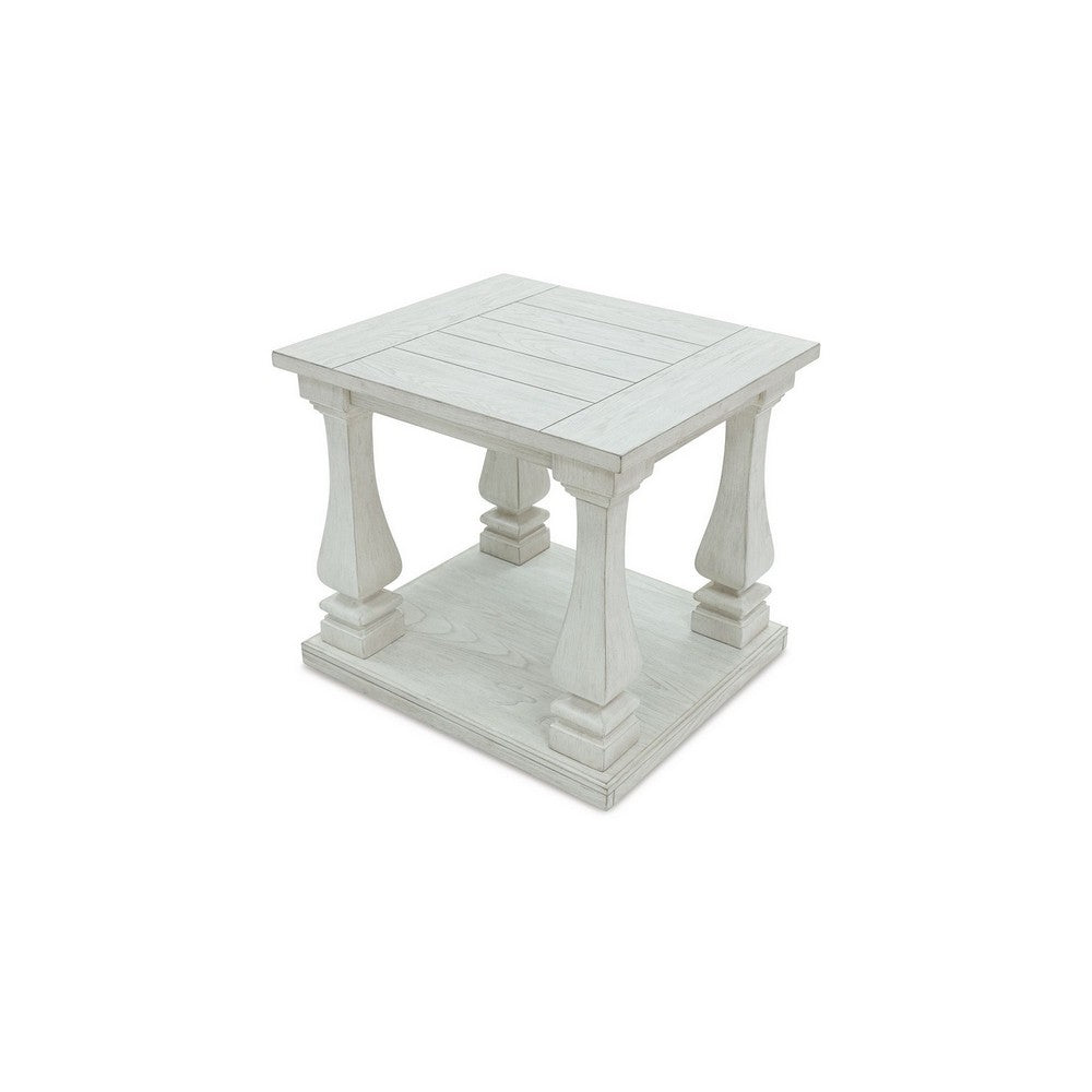 Benjara Dyne Side End Table, Plank Top, Baluster Legs, 27 Inch White Hardwood