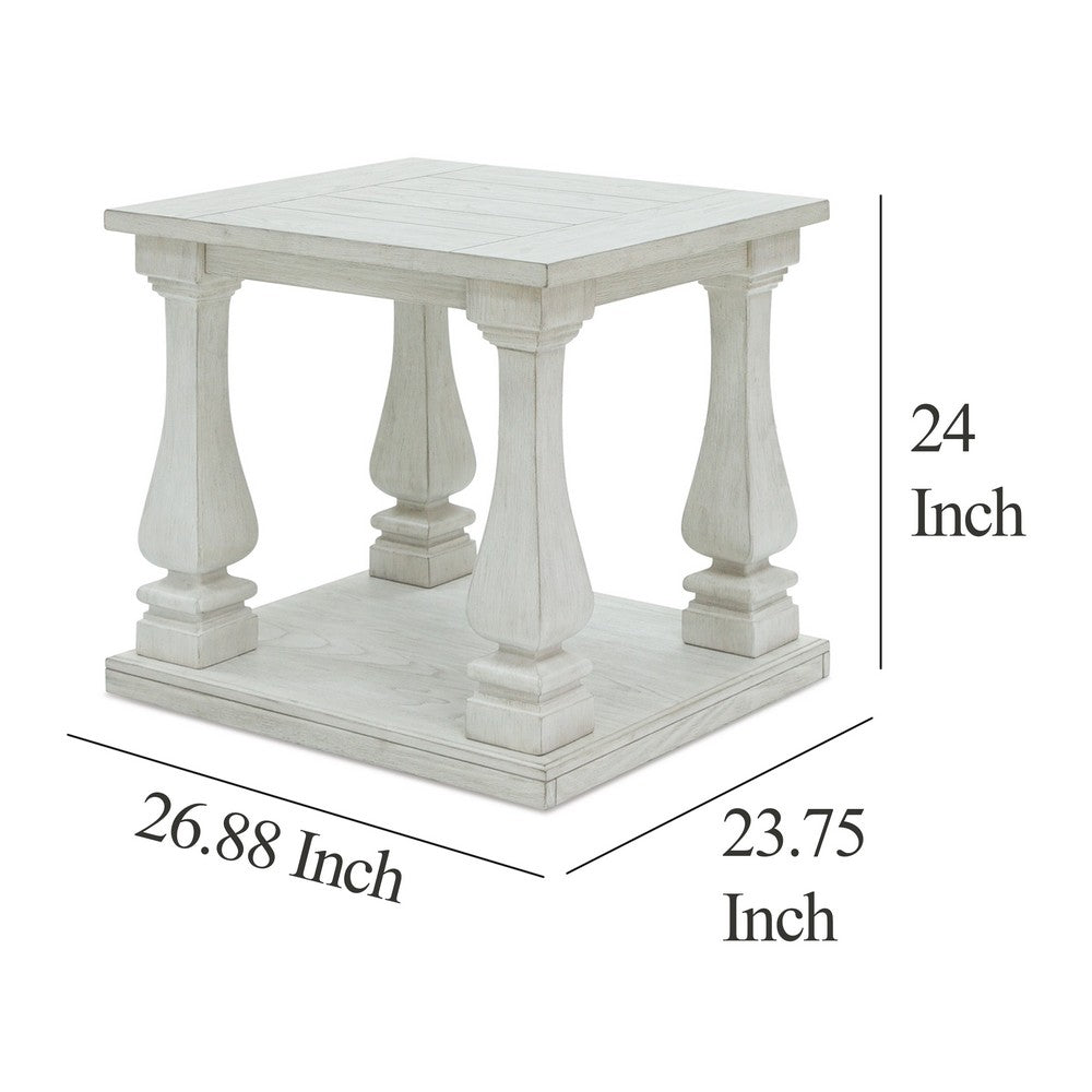Benjara Dyne Side End Table, Plank Top, Baluster Legs, 27 Inch White Hardwood