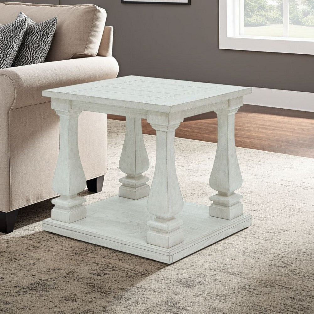 Benjara Dyne Side End Table, Plank Top, Baluster Legs, 27 Inch White Hardwood
