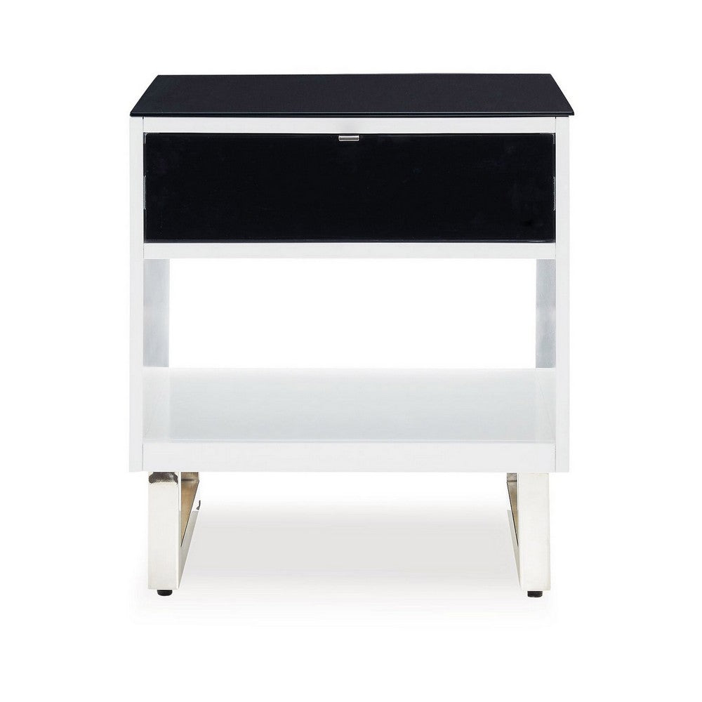 Benjara Tonny Side End Table, Drawer And Shelf, Black Glass, White, 22 Inch