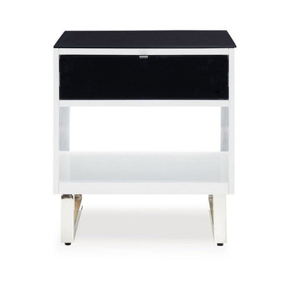 Benjara Tonny Side End Table, Drawer And Shelf, Black Glass, White, 22 Inch