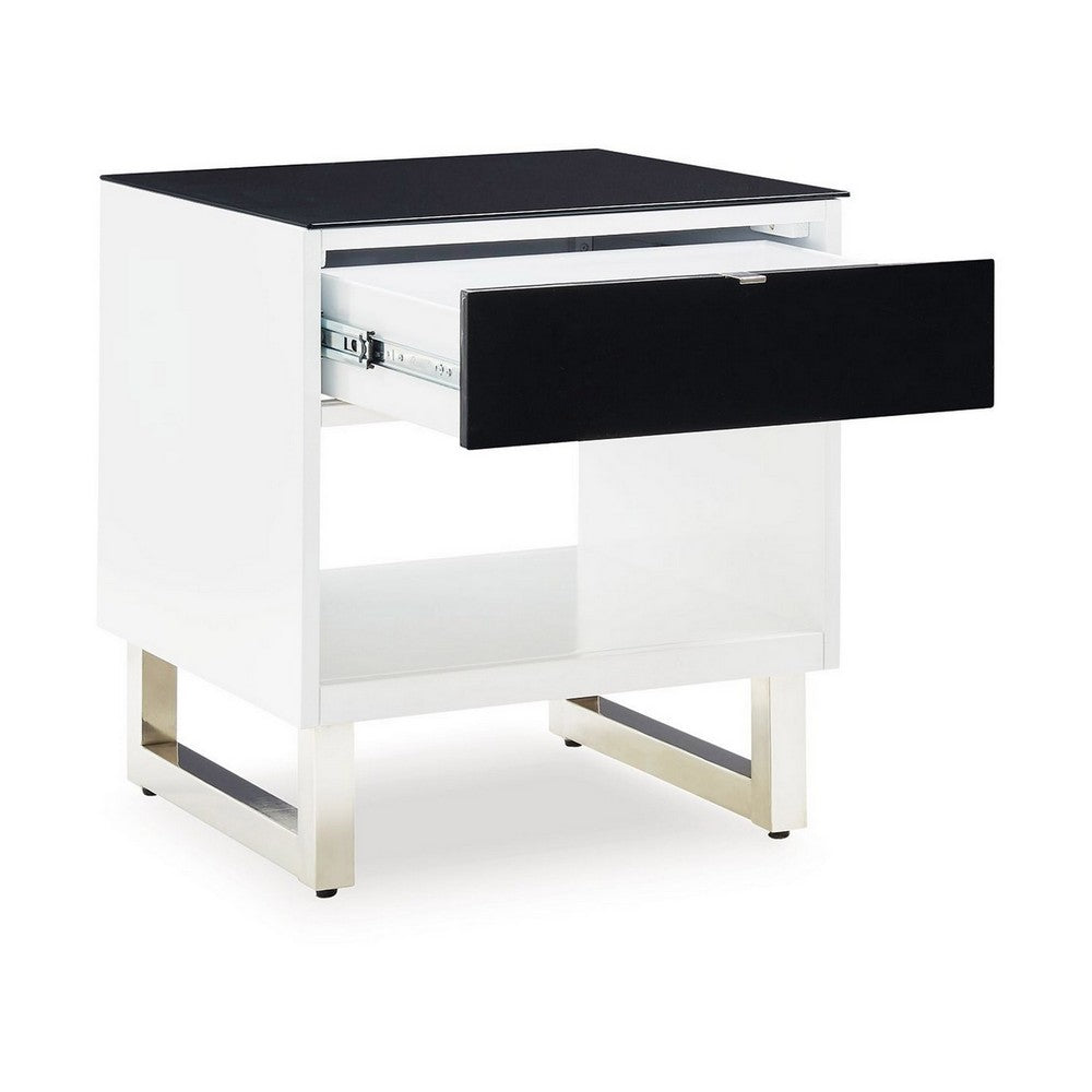 Benjara Tonny Side End Table, Drawer And Shelf, Black Glass, White, 22 Inch