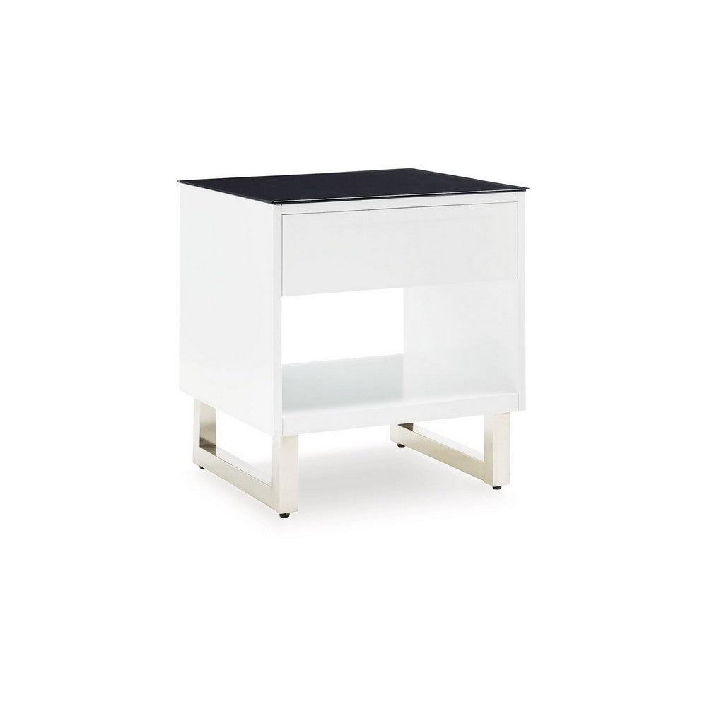 Benjara Tonny Side End Table, Drawer And Shelf, Black Glass, White, 22 Inch