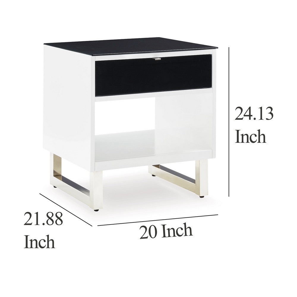 Benjara Tonny Side End Table, Drawer And Shelf, Black Glass, White, 22 Inch