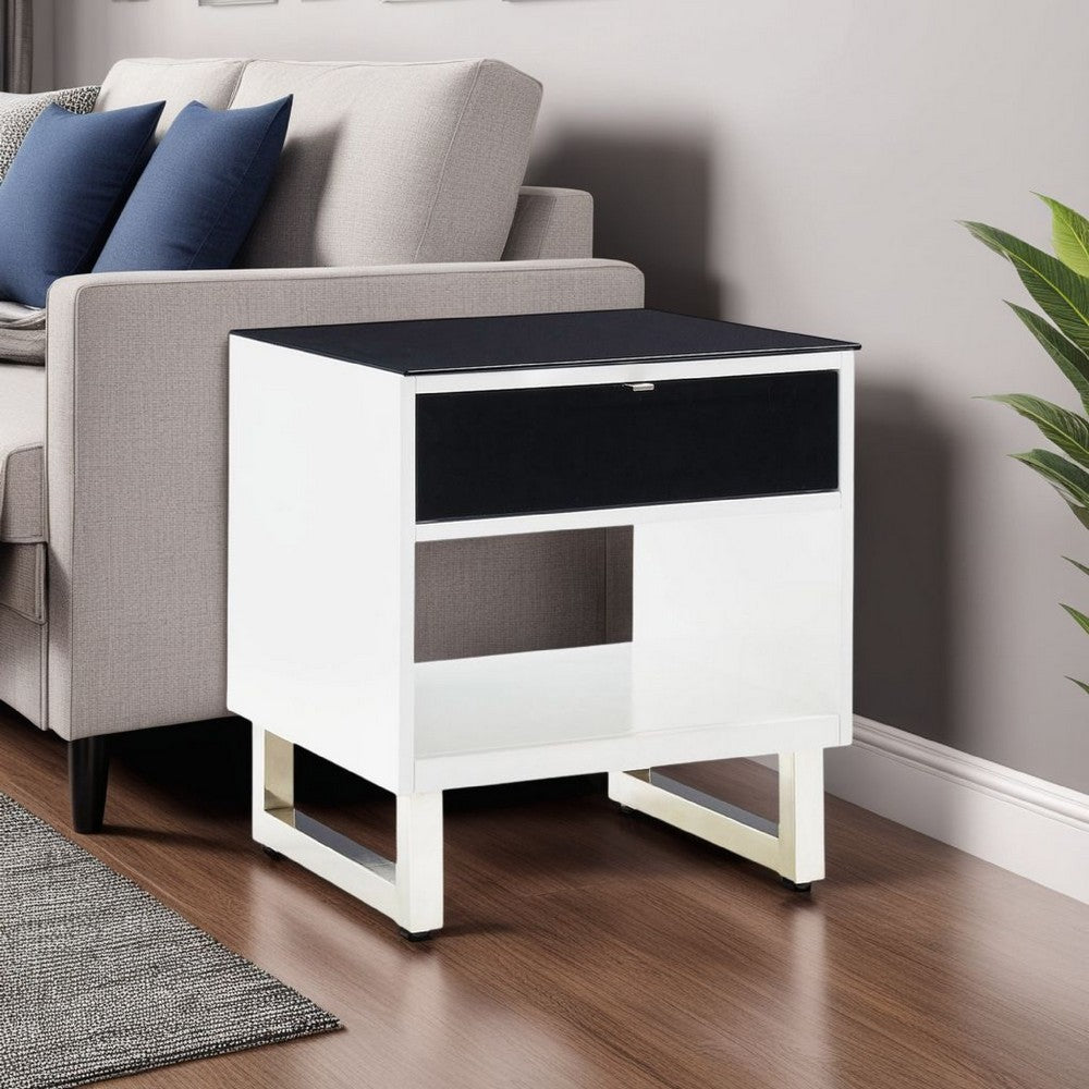 Benjara Tonny Side End Table, Drawer And Shelf, Black Glass, White, 22 Inch