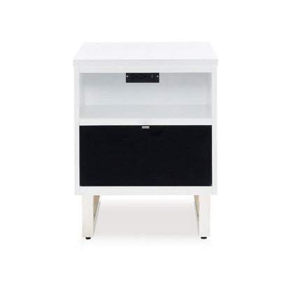 Benjara Tonny Chair Side Table, Dual USB Ports, Black Glass, White, 24 Inch