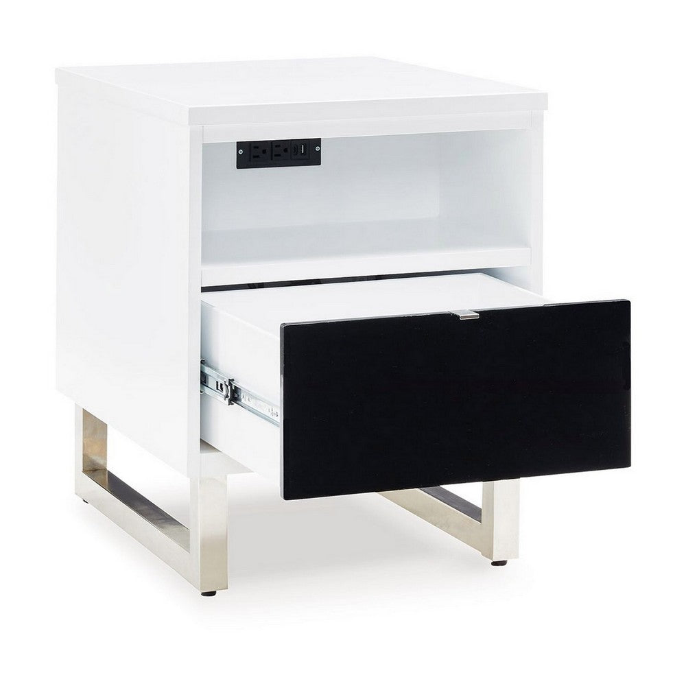 Benjara Tonny Chair Side Table, Dual USB Ports, Black Glass, White, 24 Inch