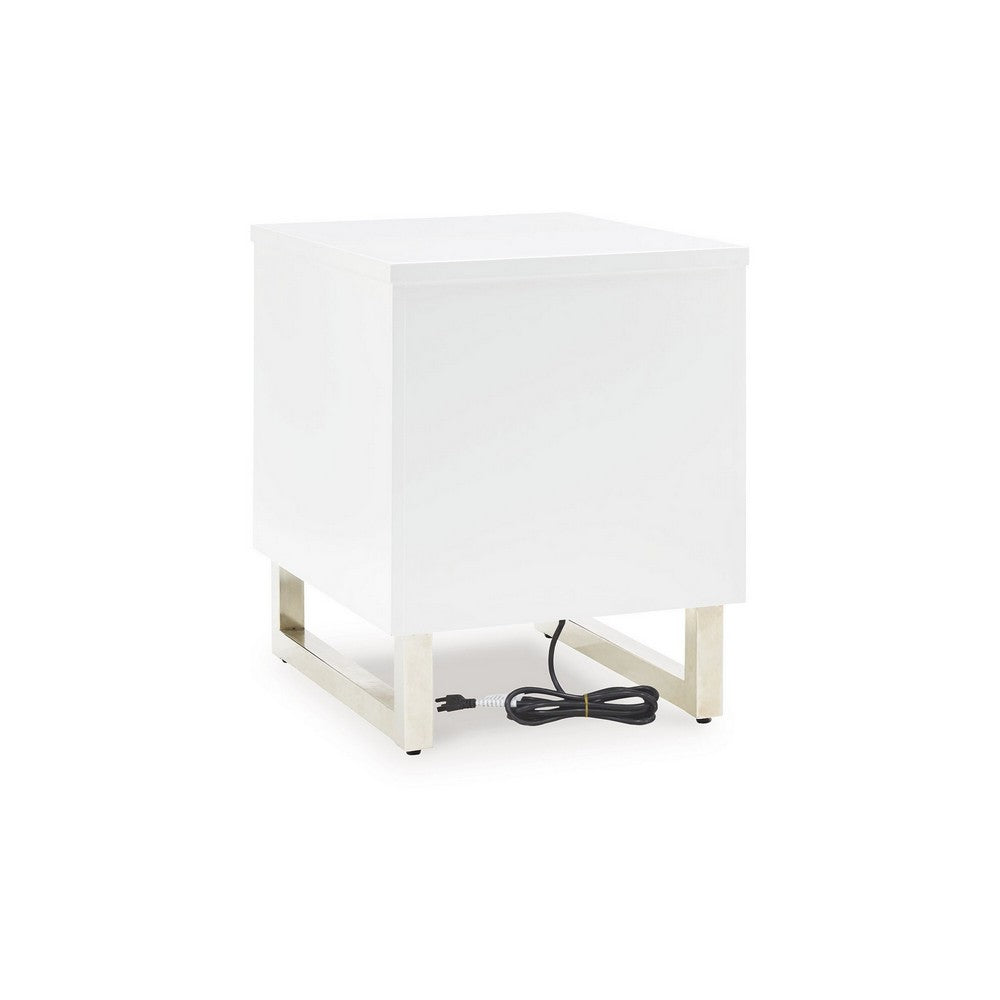 Benjara Tonny Chair Side Table, Dual USB Ports, Black Glass, White, 24 Inch
