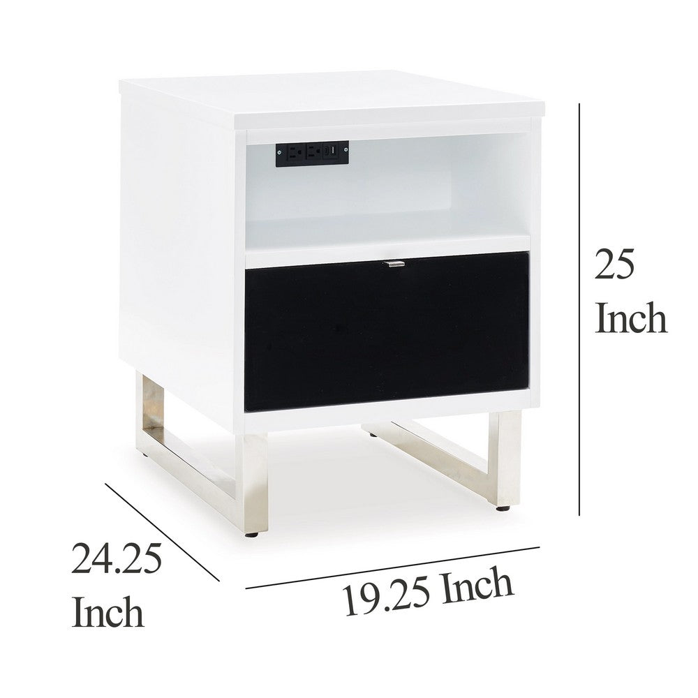 Benjara Tonny Chair Side Table, Dual USB Ports, Black Glass, White, 24 Inch