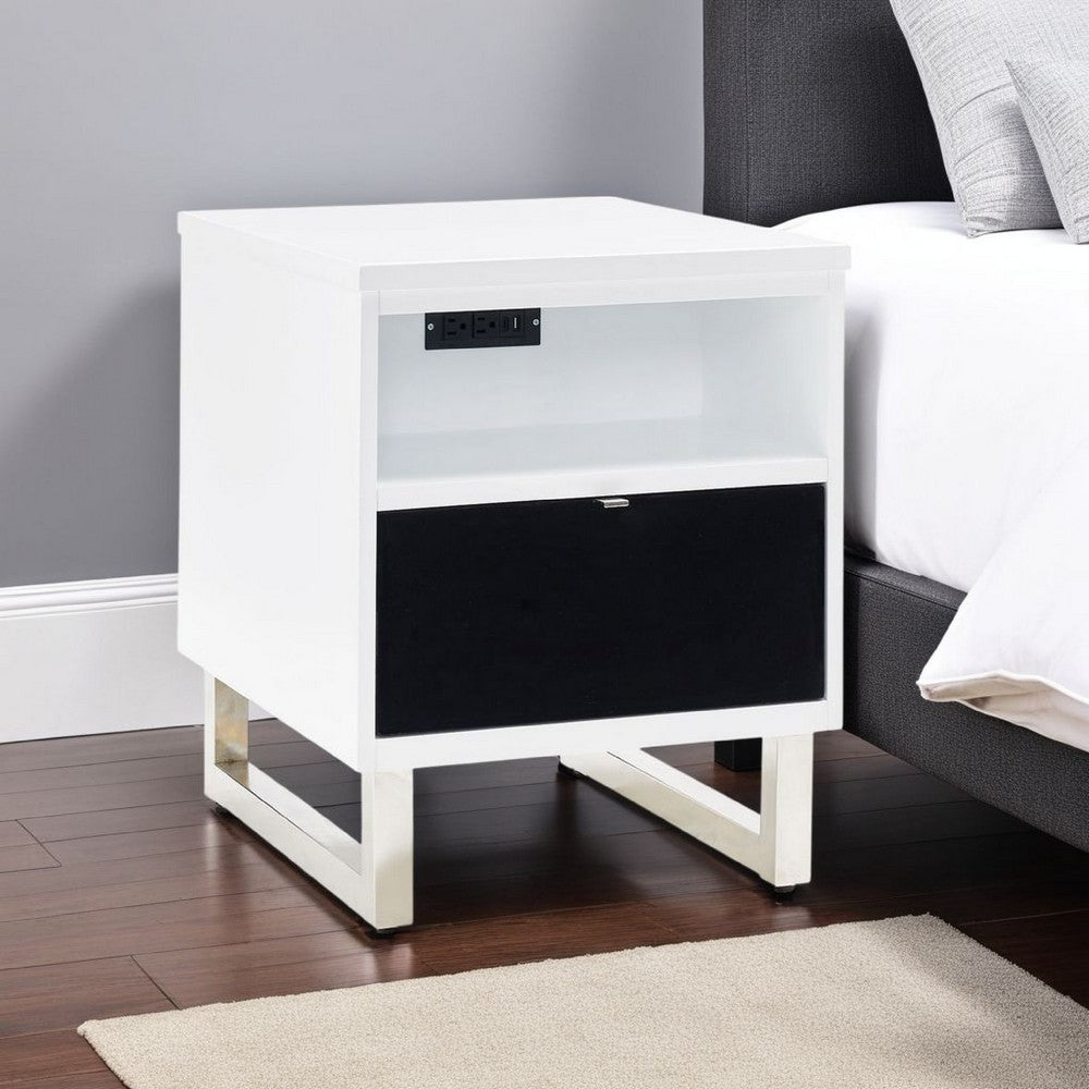 Benjara Tonny Chair Side Table, Dual USB Ports, Black Glass, White, 24 Inch