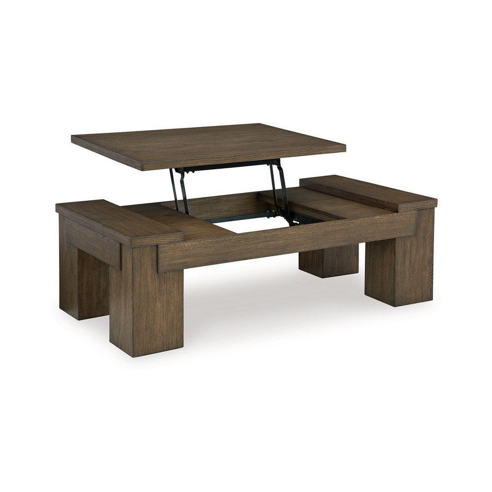 Benjara Wain Lift Top Cocktail Coffee Table, 54 Inch Rustic Brown Solid Wood