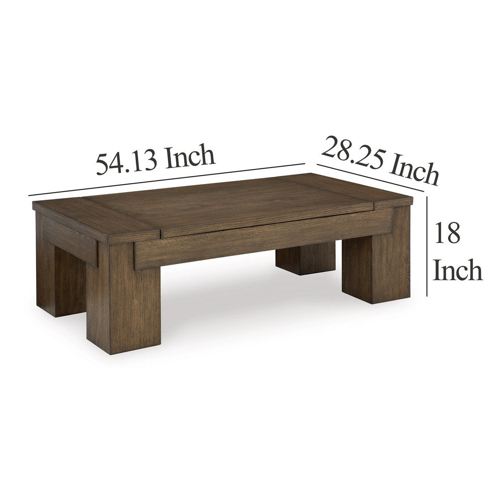 Benjara Wain Lift Top Cocktail Coffee Table, 54 Inch Rustic Brown Solid Wood