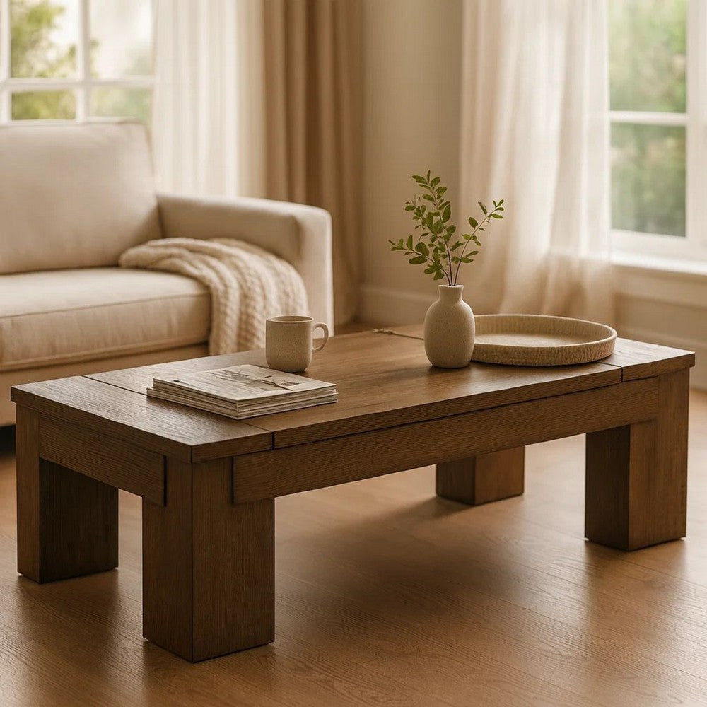Benjara Wain Lift Top Cocktail Coffee Table, 54 Inch Rustic Brown Solid Wood
