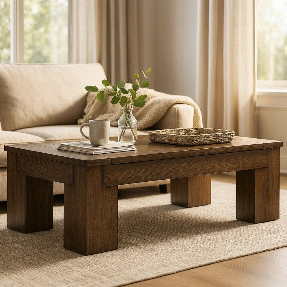 Benjara Wain Lift Top Cocktail Coffee Table, 54 Inch Rustic Brown Solid Wood