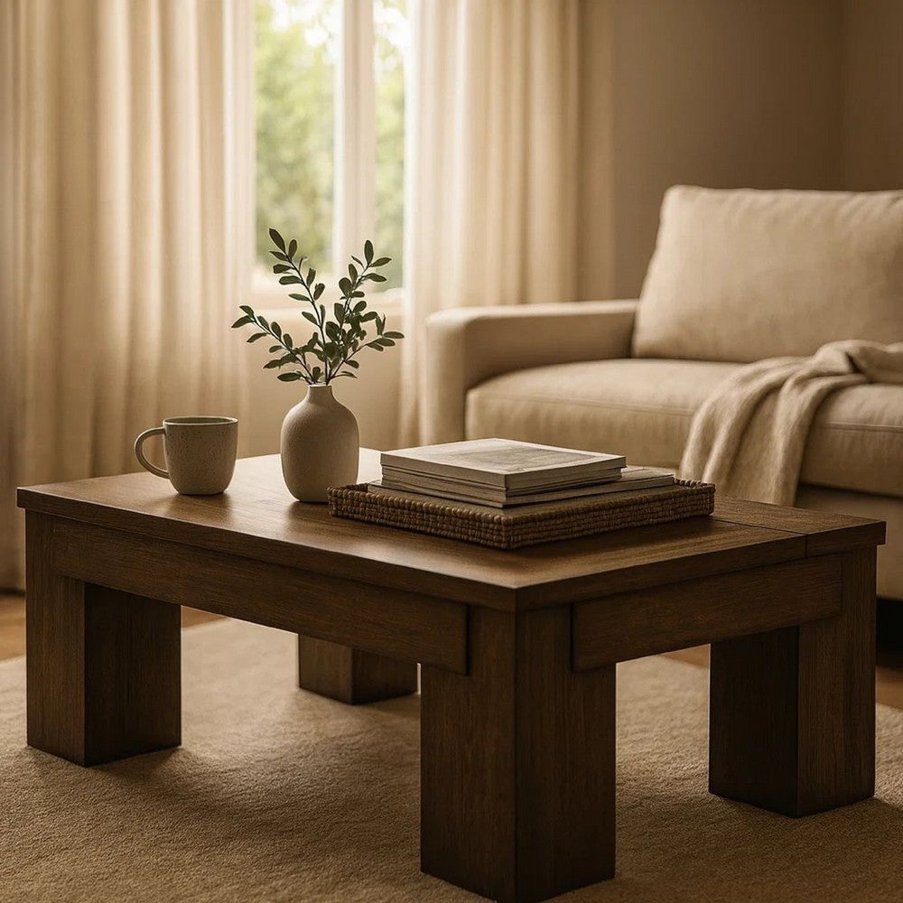 Benjara Wain Lift Top Cocktail Coffee Table, 54 Inch Rustic Brown Solid Wood