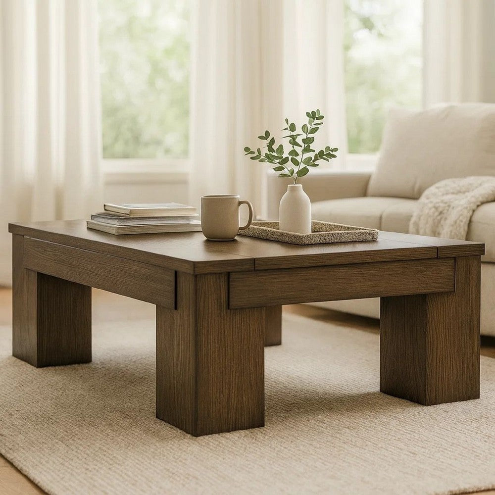 Benjara Wain Lift Top Cocktail Coffee Table, 54 Inch Rustic Brown Solid Wood