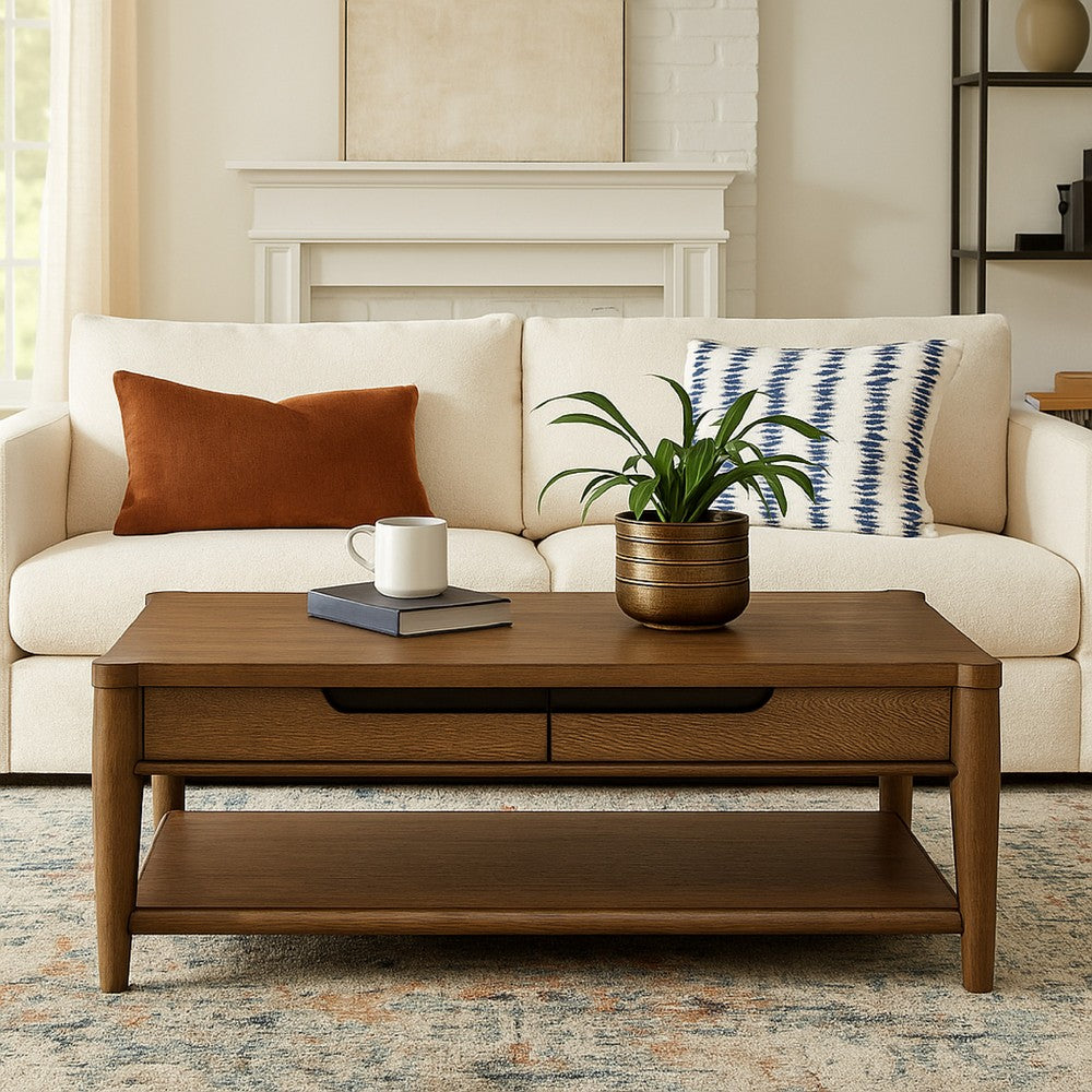 Benjara Howie Cocktail Coffee Table, 2 Drawers, 50 Inch Rustic Brown Wood