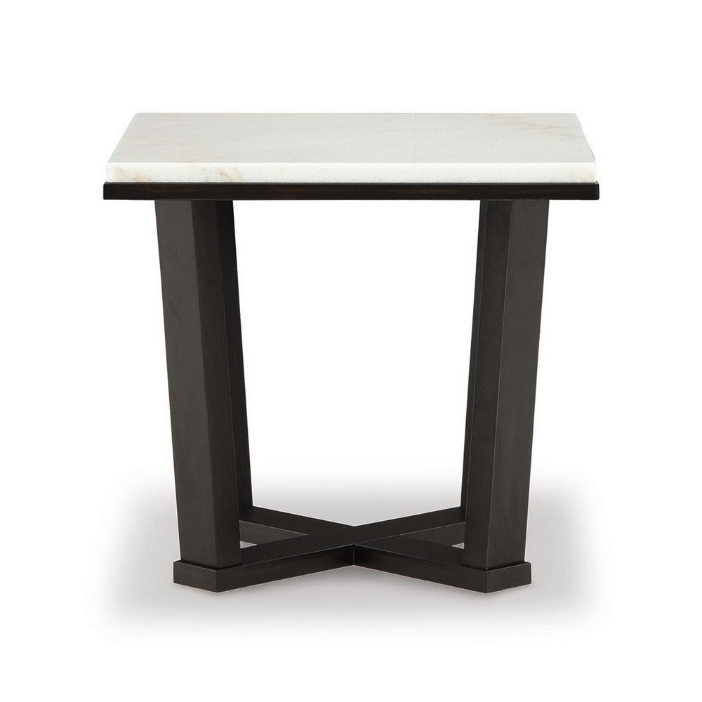 Benjara Fana Side End Table, White Marble Top, 24 Inch Square, Espresso Brown