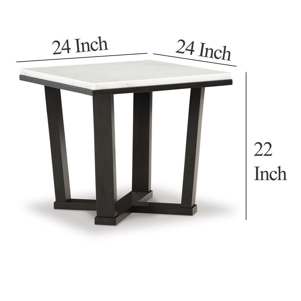 Benjara Fana Side End Table, White Marble Top, 24 Inch Square, Espresso Brown