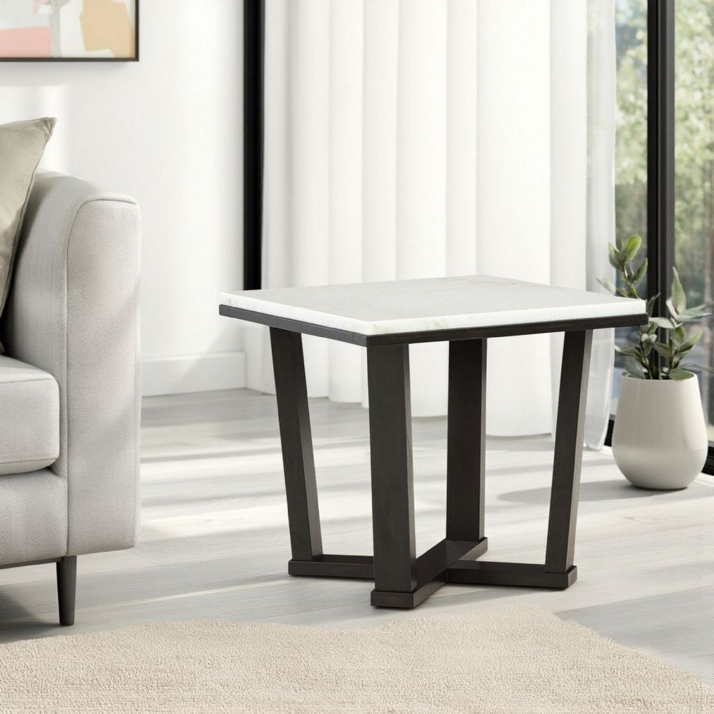 Benjara Fana Side End Table, White Marble Top, 24 Inch Square, Espresso Brown