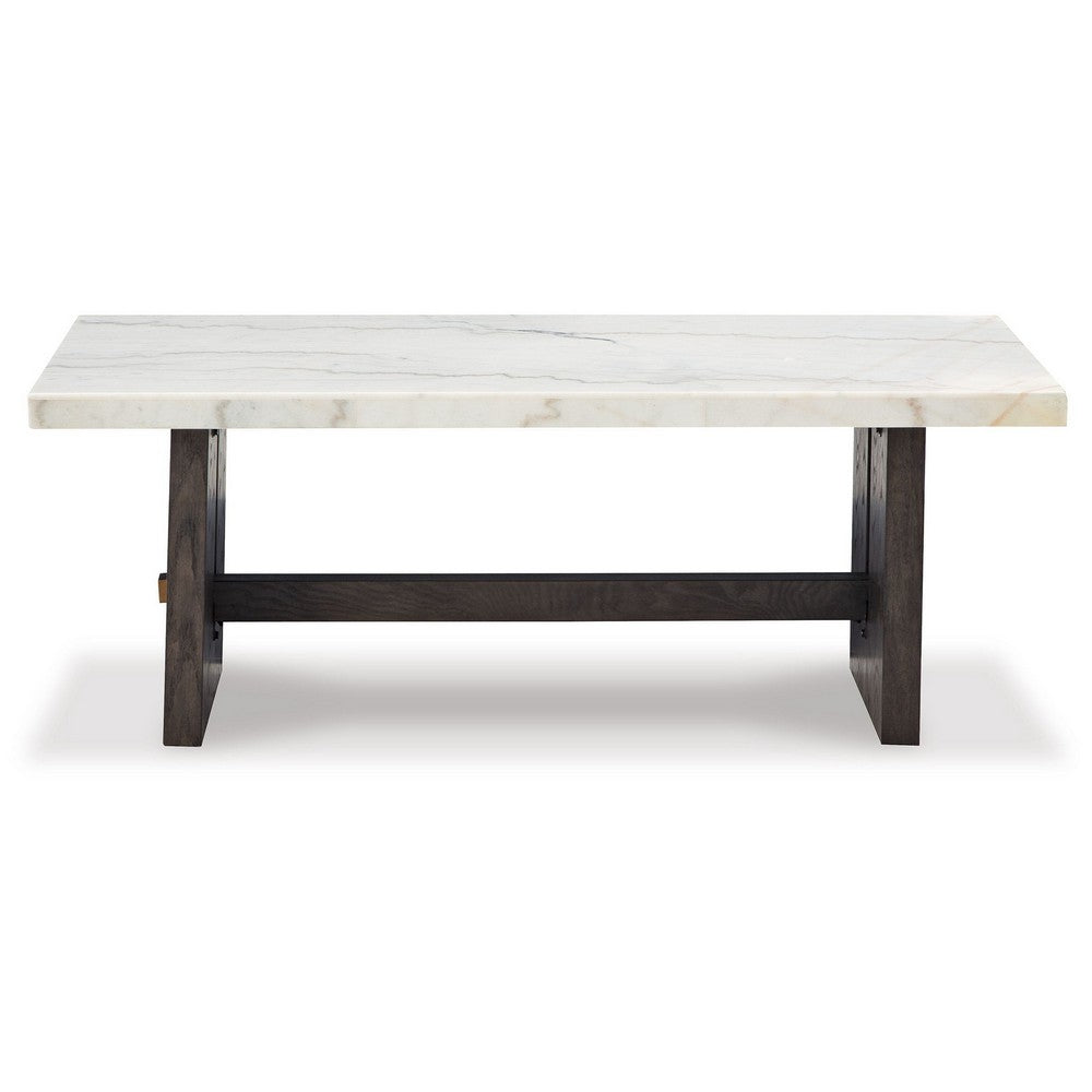 Benjara Haus Cocktail Coffee Table, Marble Top, Panel Legs, 52 Inch Brown Wood