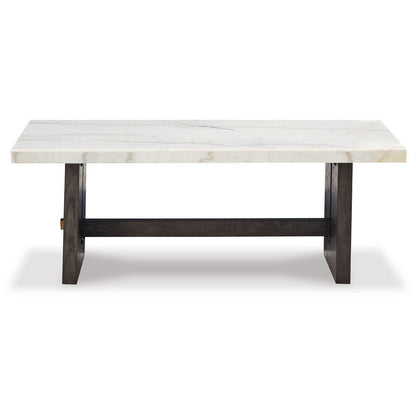 Benjara Haus Cocktail Coffee Table, Marble Top, Panel Legs, 52 Inch Brown Wood