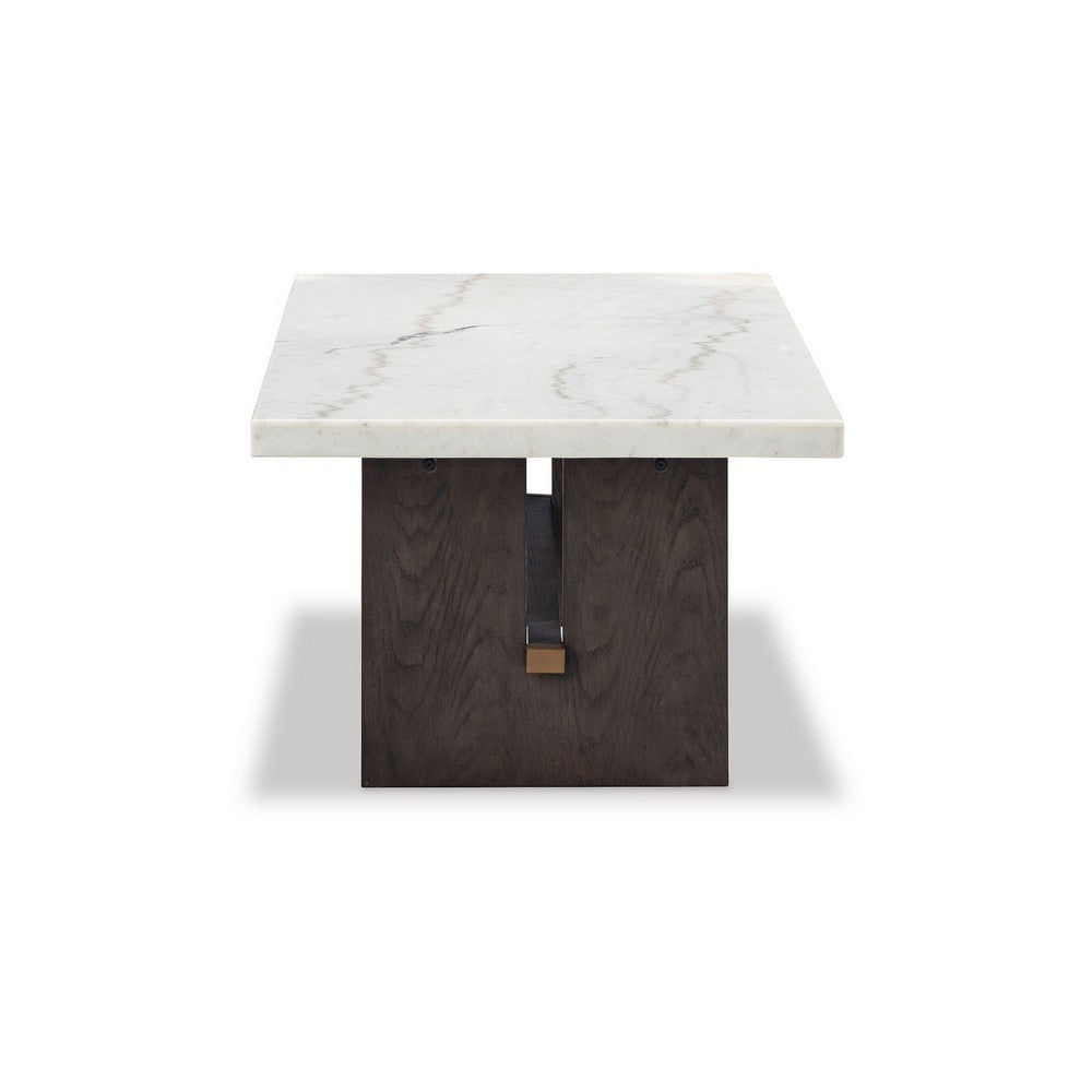 Benjara Haus Cocktail Coffee Table, Marble Top, Panel Legs, 52 Inch Brown Wood