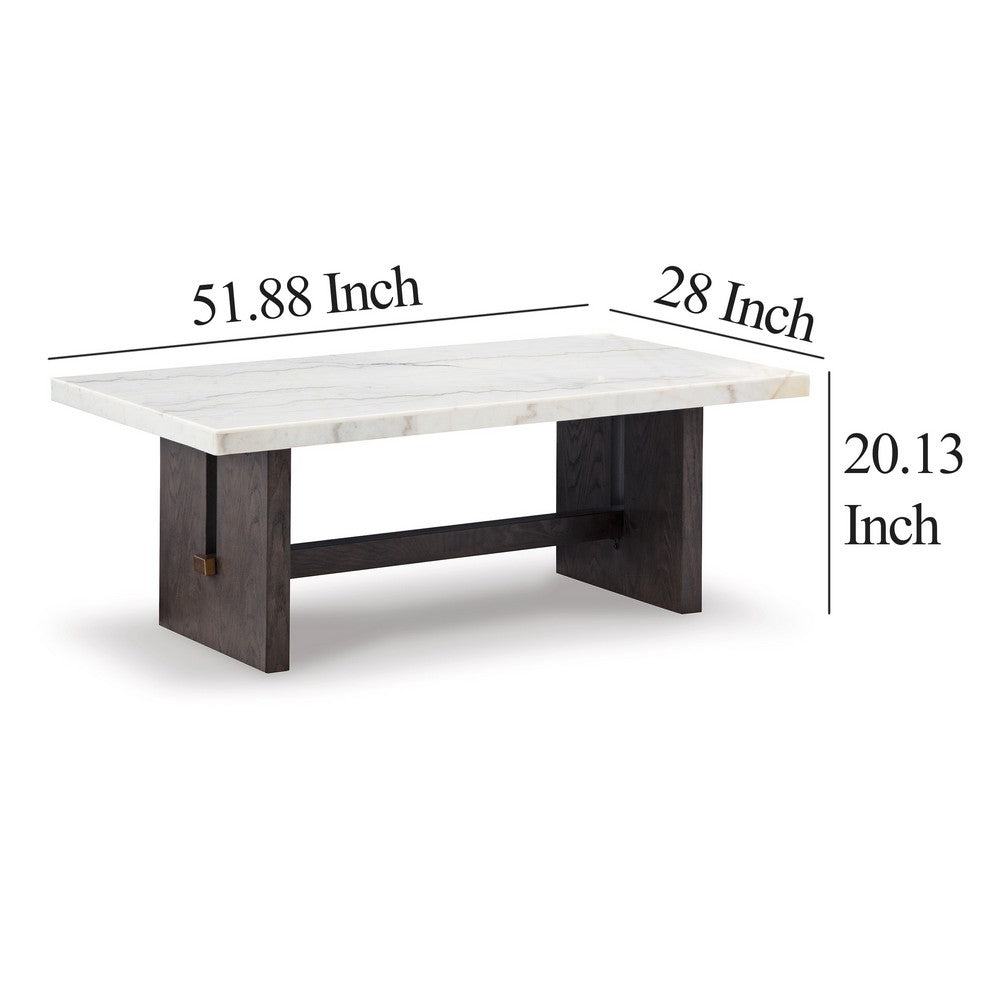 Benjara Haus Cocktail Coffee Table, Marble Top, Panel Legs, 52 Inch Brown Wood