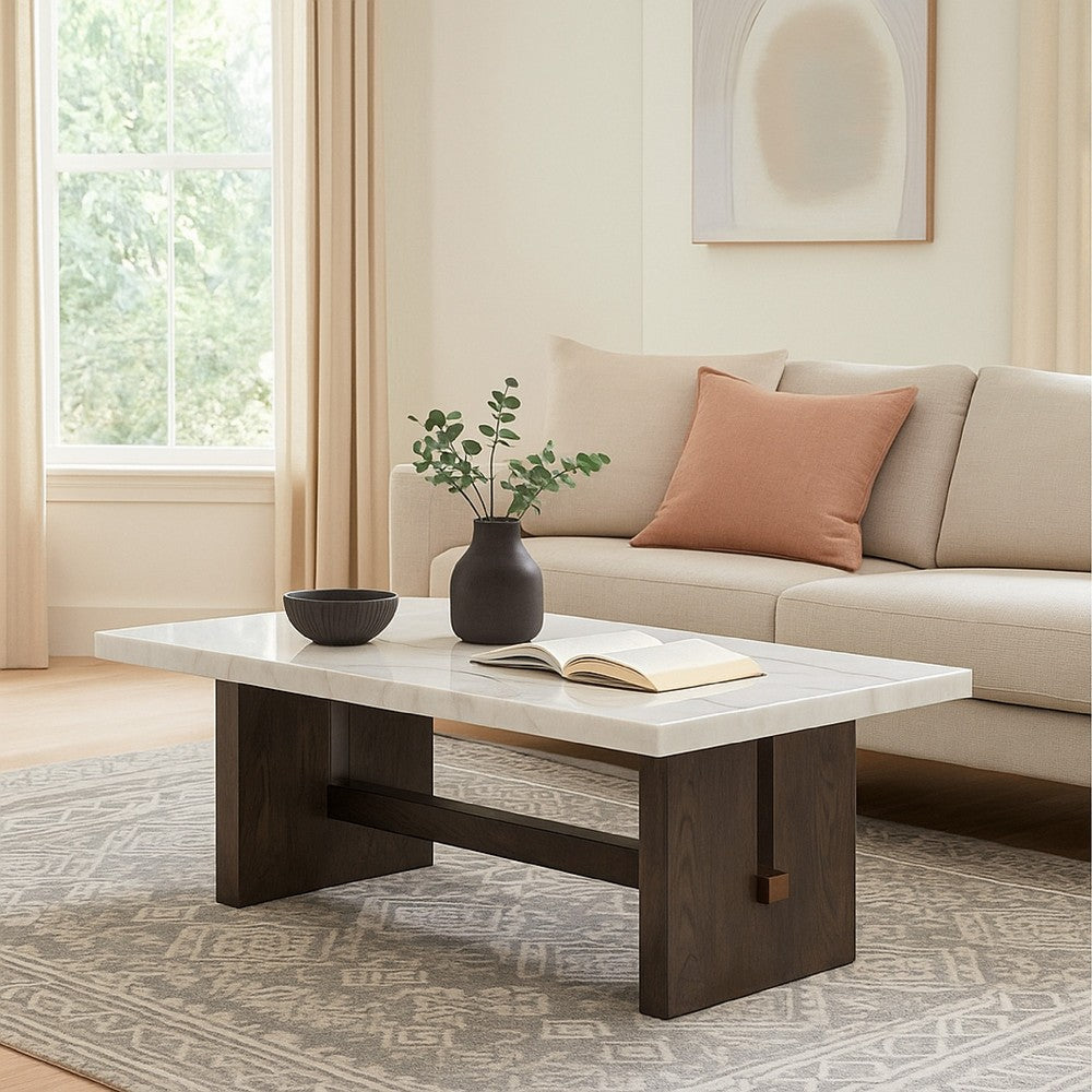 Benjara Haus Cocktail Coffee Table, Marble Top, Panel Legs, 52 Inch Brown Wood