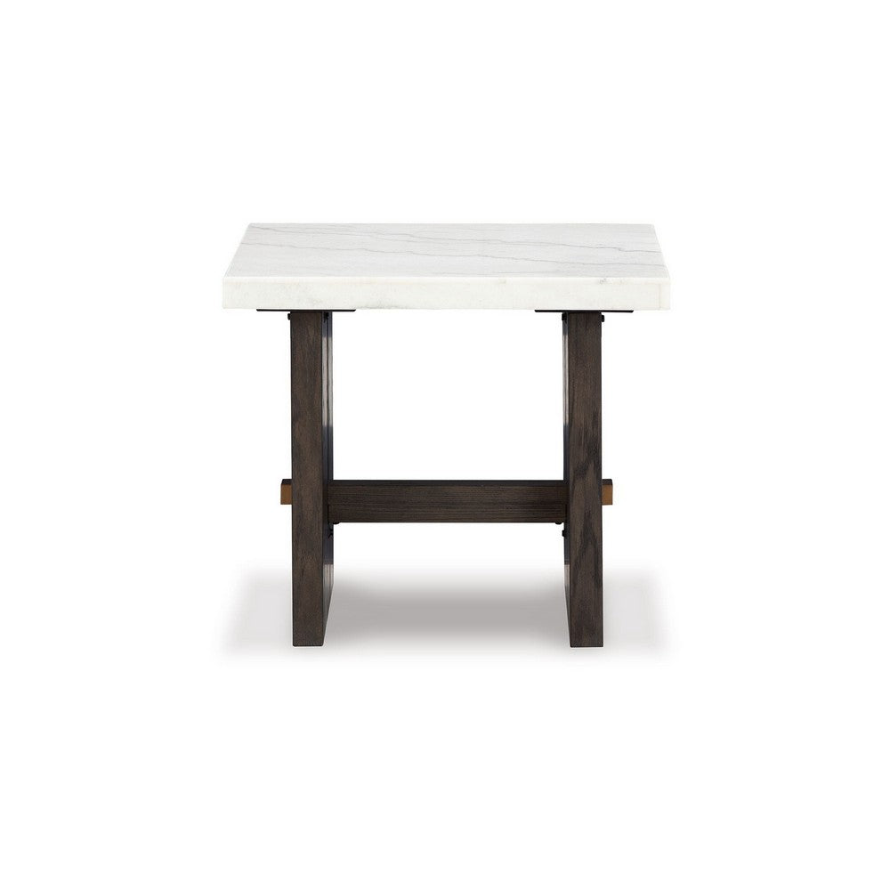 Benjara Haus Side End Table, Marble Top, Panel Legs, 26 Inch Brown Solid Wood