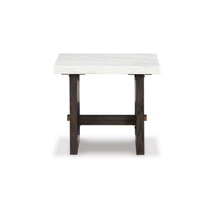 Benjara Haus Side End Table, Marble Top, Panel Legs, 26 Inch Brown Solid Wood