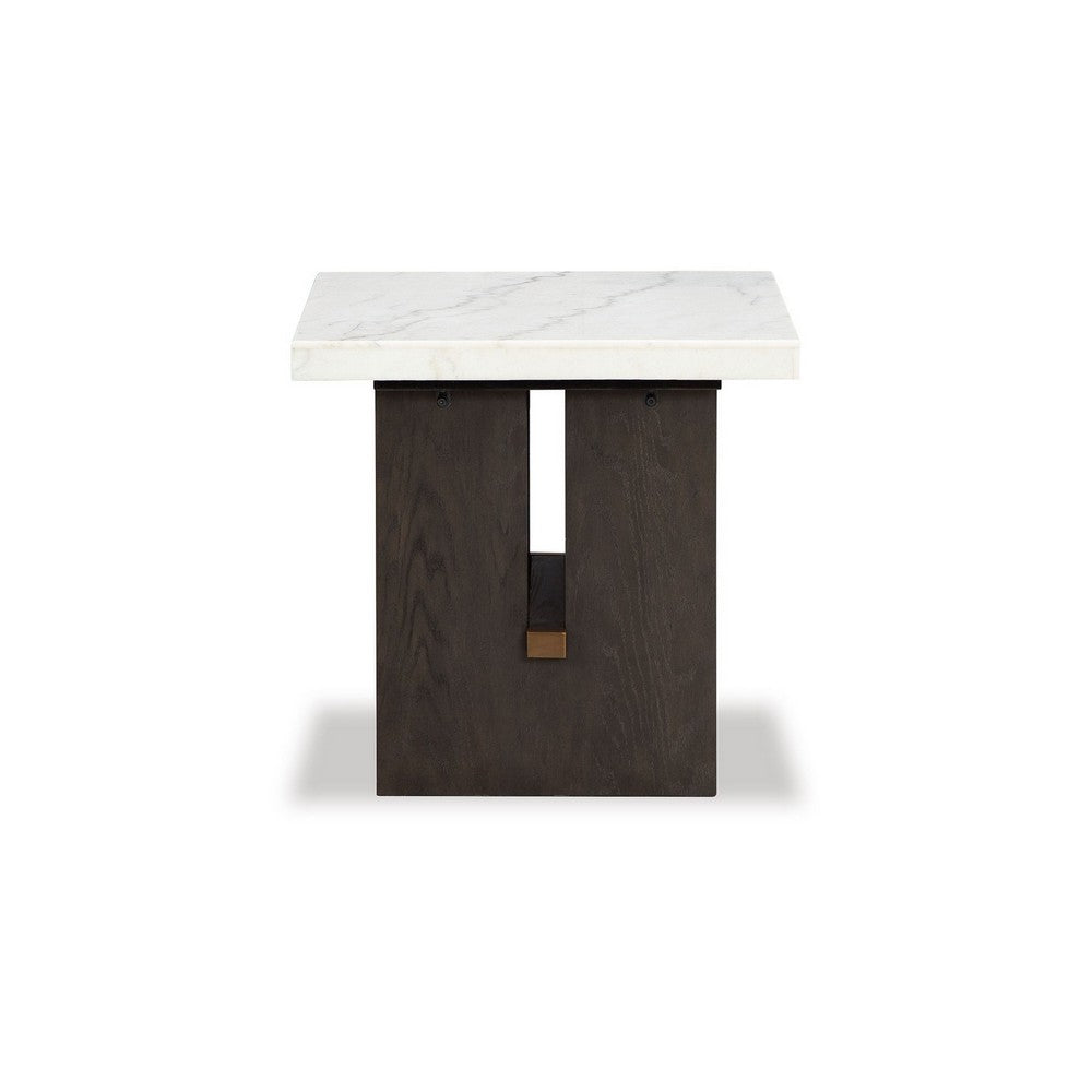 Benjara Haus Side End Table, Marble Top, Panel Legs, 26 Inch Brown Solid Wood