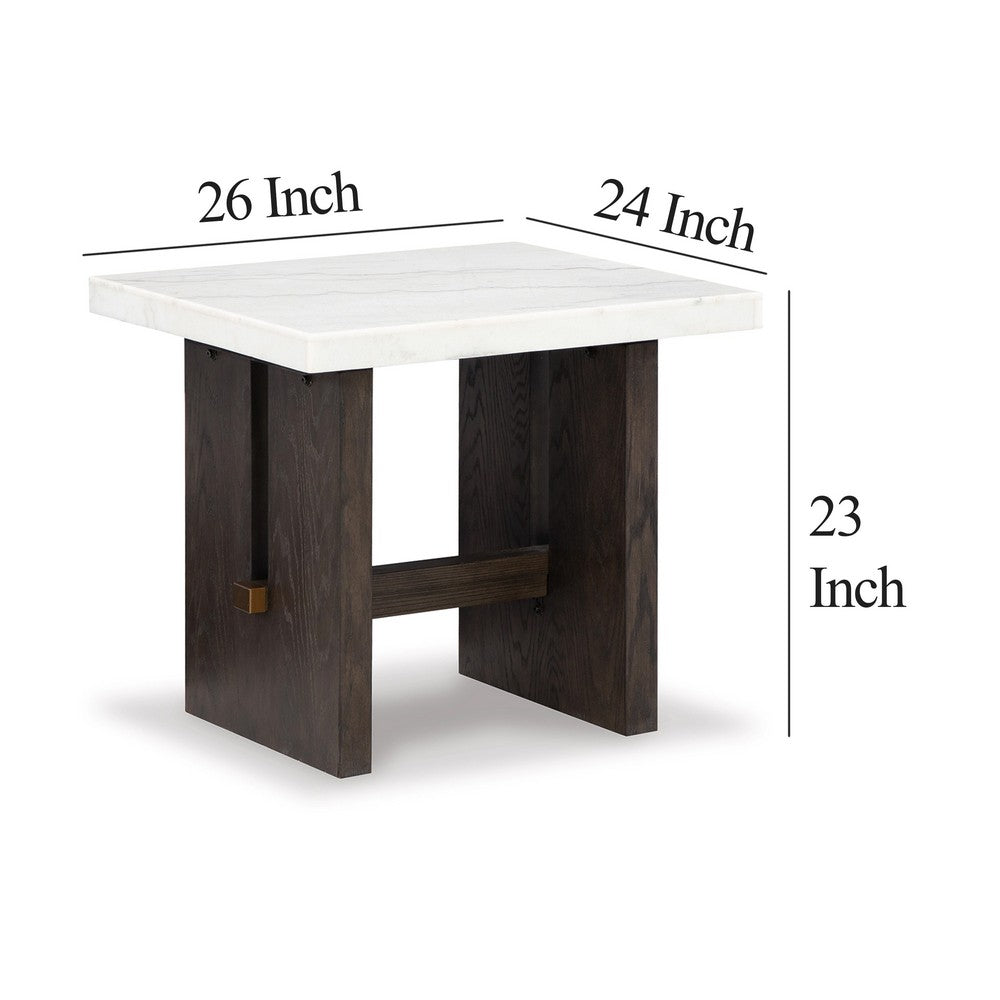 Benjara Haus Side End Table, Marble Top, Panel Legs, 26 Inch Brown Solid Wood