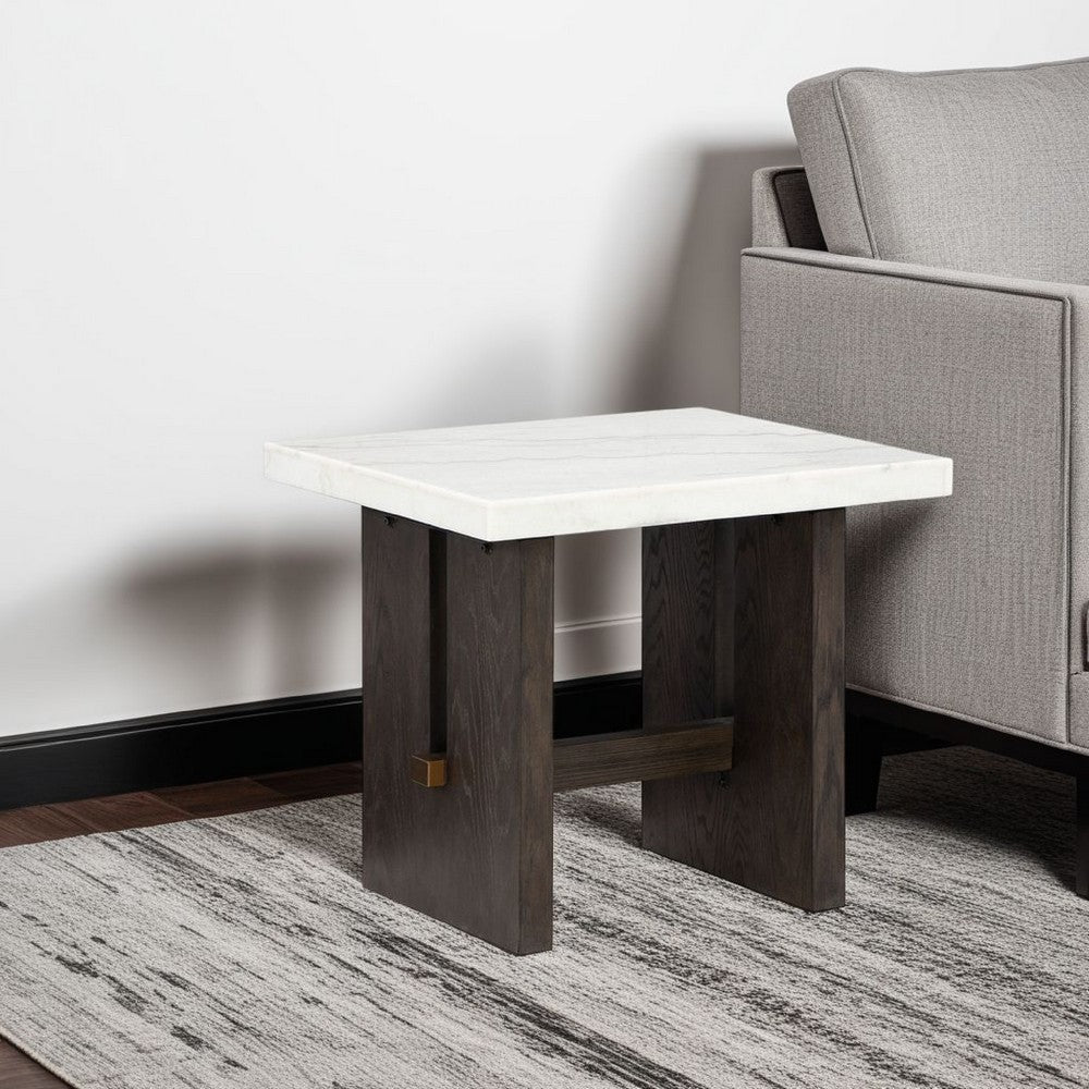 Benjara Haus Side End Table, Marble Top, Panel Legs, 26 Inch Brown Solid Wood