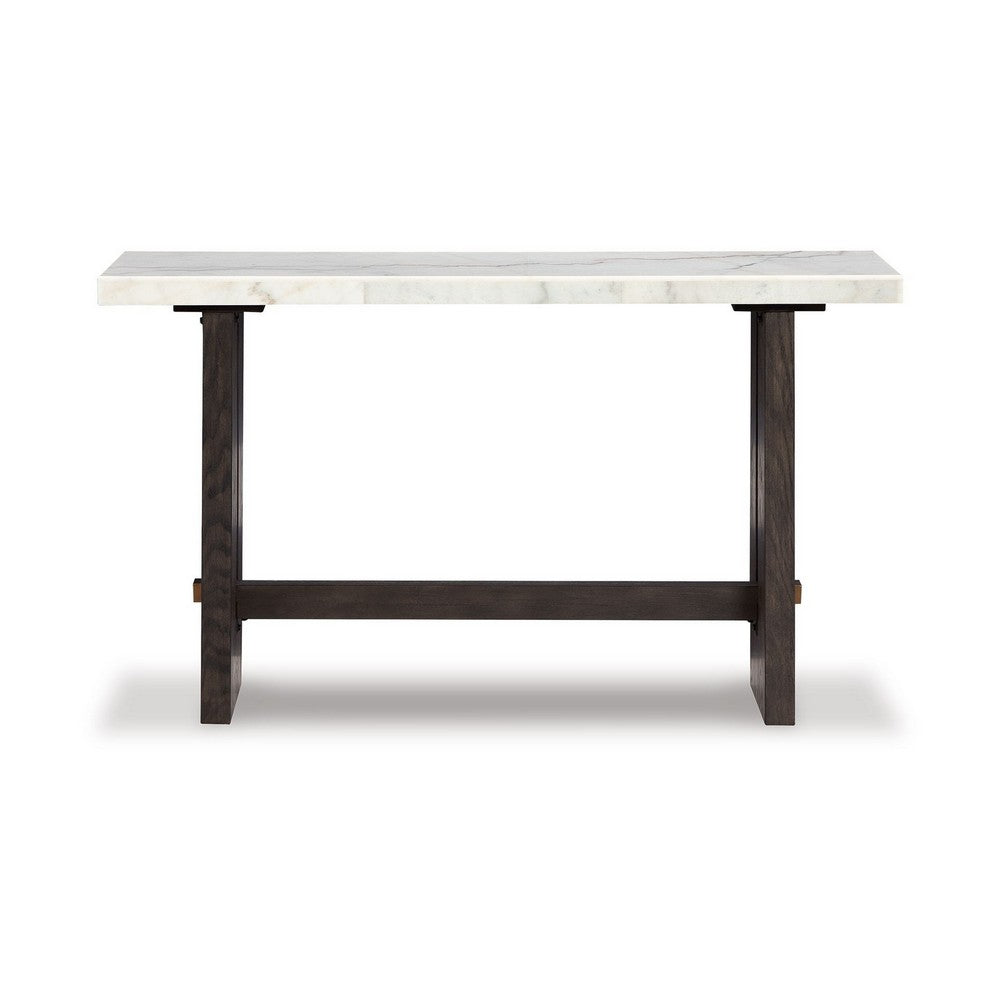 Benjara Haus Sofa Console Table, Marble Top, Panel legs, 52 Inch Brown Wood
