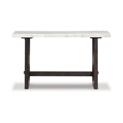 Benjara Haus Sofa Console Table, Marble Top, Panel legs, 52 Inch Brown Wood