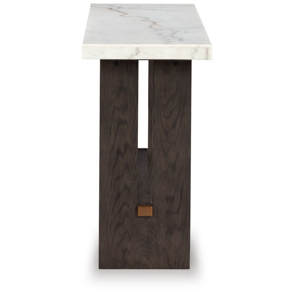 Benjara Haus Sofa Console Table, Marble Top, Panel legs, 52 Inch Brown Wood