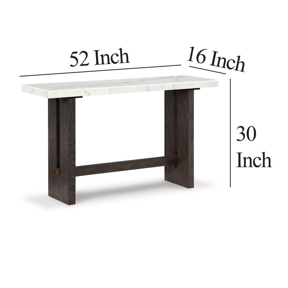 Benjara Haus Sofa Console Table, Marble Top, Panel legs, 52 Inch Brown Wood
