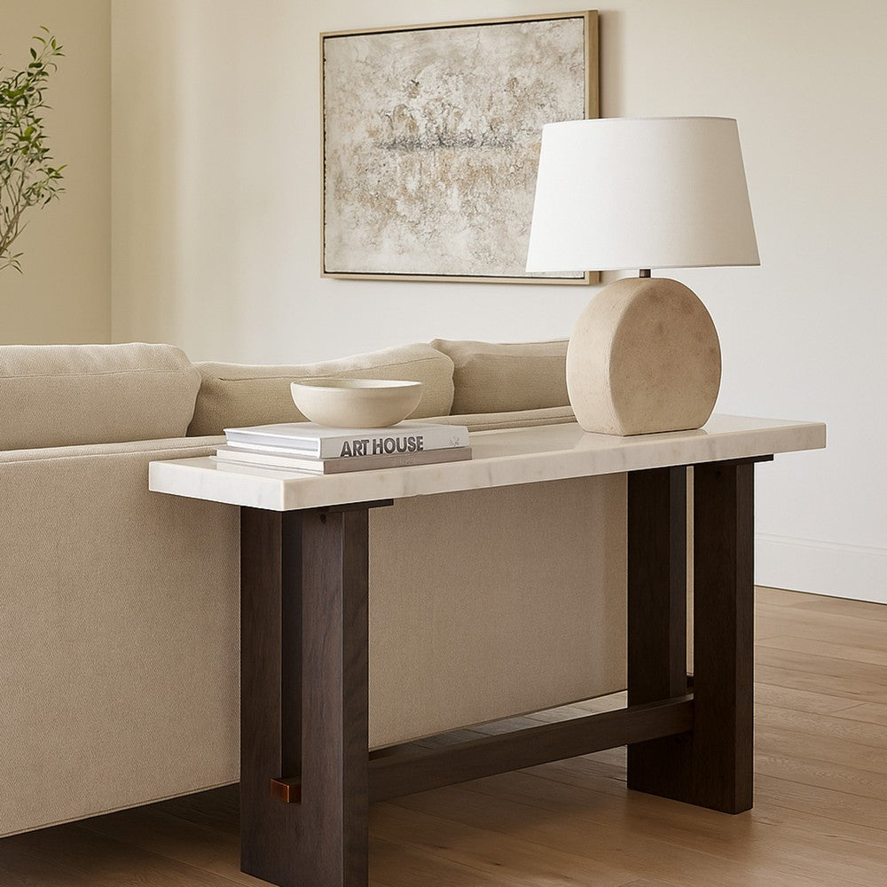 Benjara Haus Sofa Console Table, Marble Top, Panel legs, 52 Inch Brown Wood