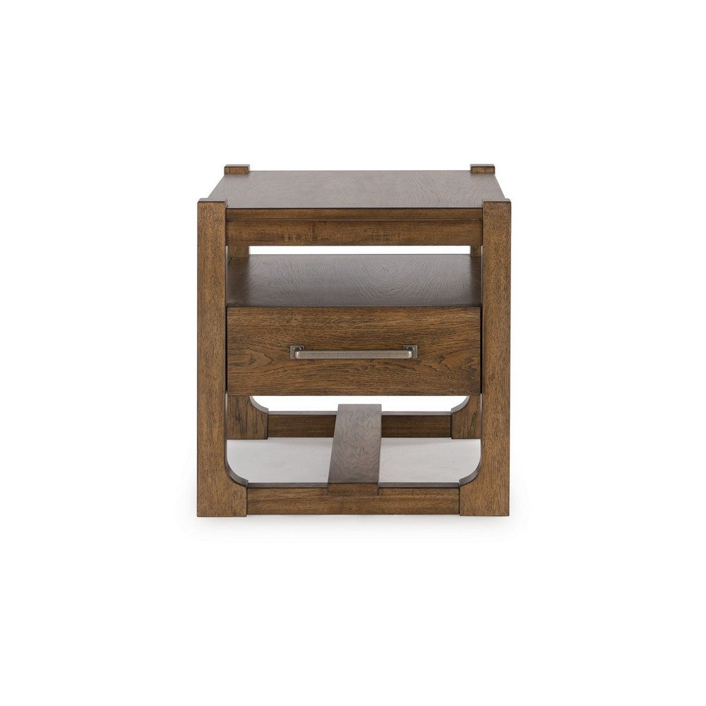 Benjara Cabal Square Side End Table, Drawer, Shelf, Light Brown Wood, 24 Inch