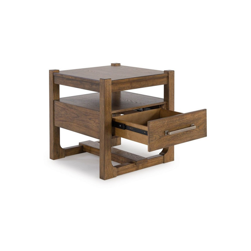 Benjara Cabal Square Side End Table, Drawer, Shelf, Light Brown Wood, 24 Inch