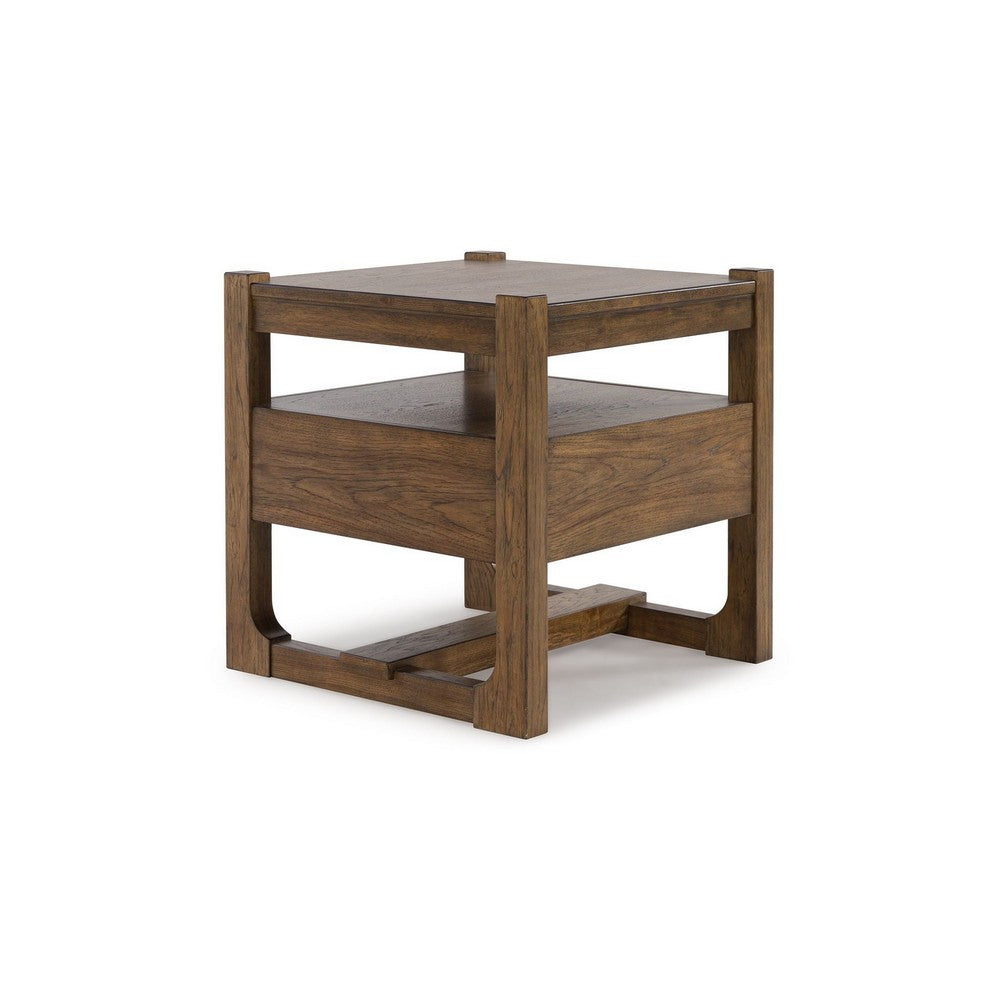 Benjara Cabal Square Side End Table, Drawer, Shelf, Light Brown Wood, 24 Inch