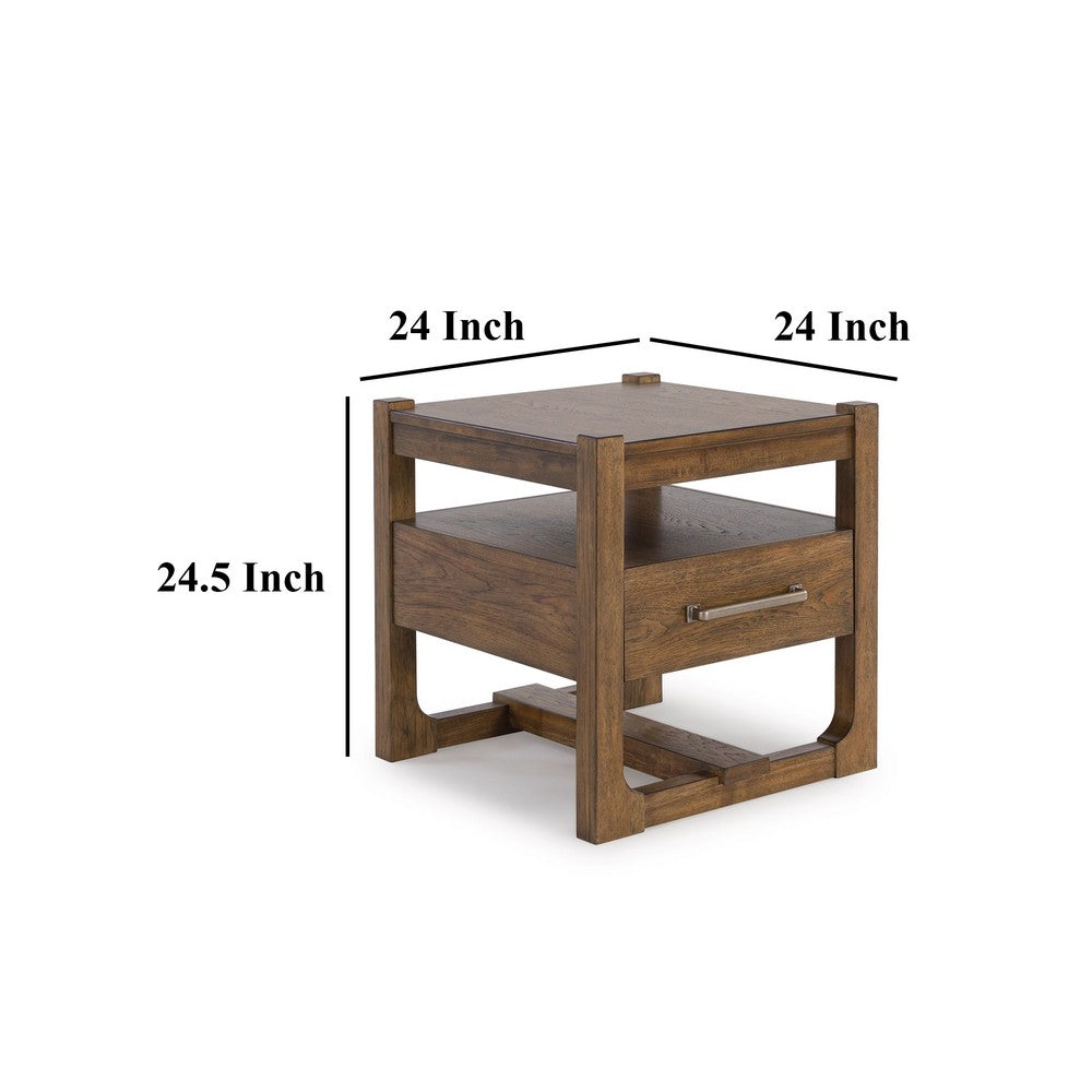 Benjara Cabal Square Side End Table, Drawer, Shelf, Light Brown Wood, 24 Inch