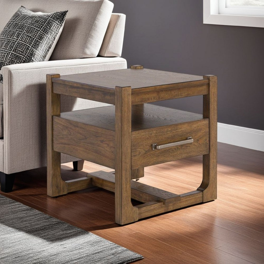 Benjara Cabal Square Side End Table, Drawer, Shelf, Light Brown Wood, 24 Inch